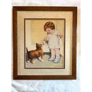 Vintage Handcrafted Needlepoint Art Of Girl & Dog Wooden Frame Nursery Wall Art